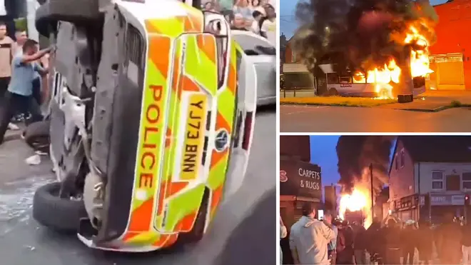 A police car was overturned in the disturbance and fires appear to have been lit